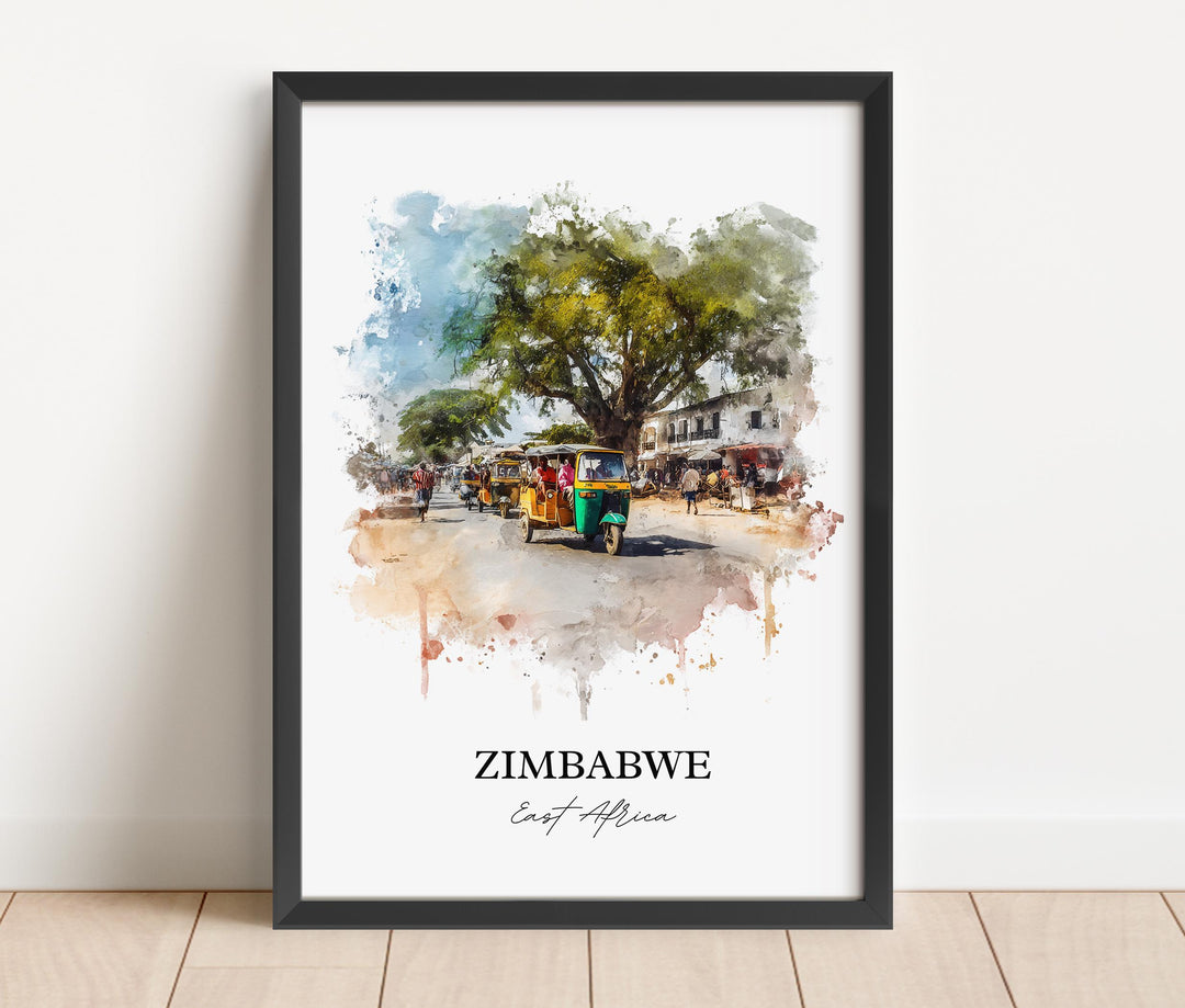 Zimbabwe Wall Art, Zimbabwe Print, Zimbabwe Watercolor Art, Zimbabwe Country Gift, Travel Print, Travel Poster, Housewarming Gift