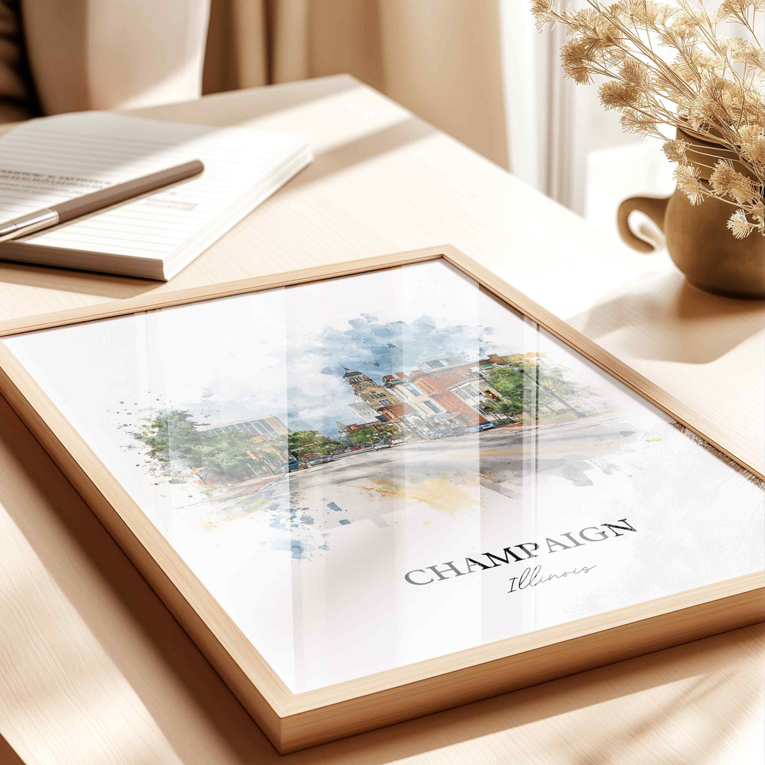Champaign IL Wall Art, Champaign Print, Illinois Watercolor Art, Champaign Illinois Gift, Travel Print, Travel Poster, Housewarming Gift