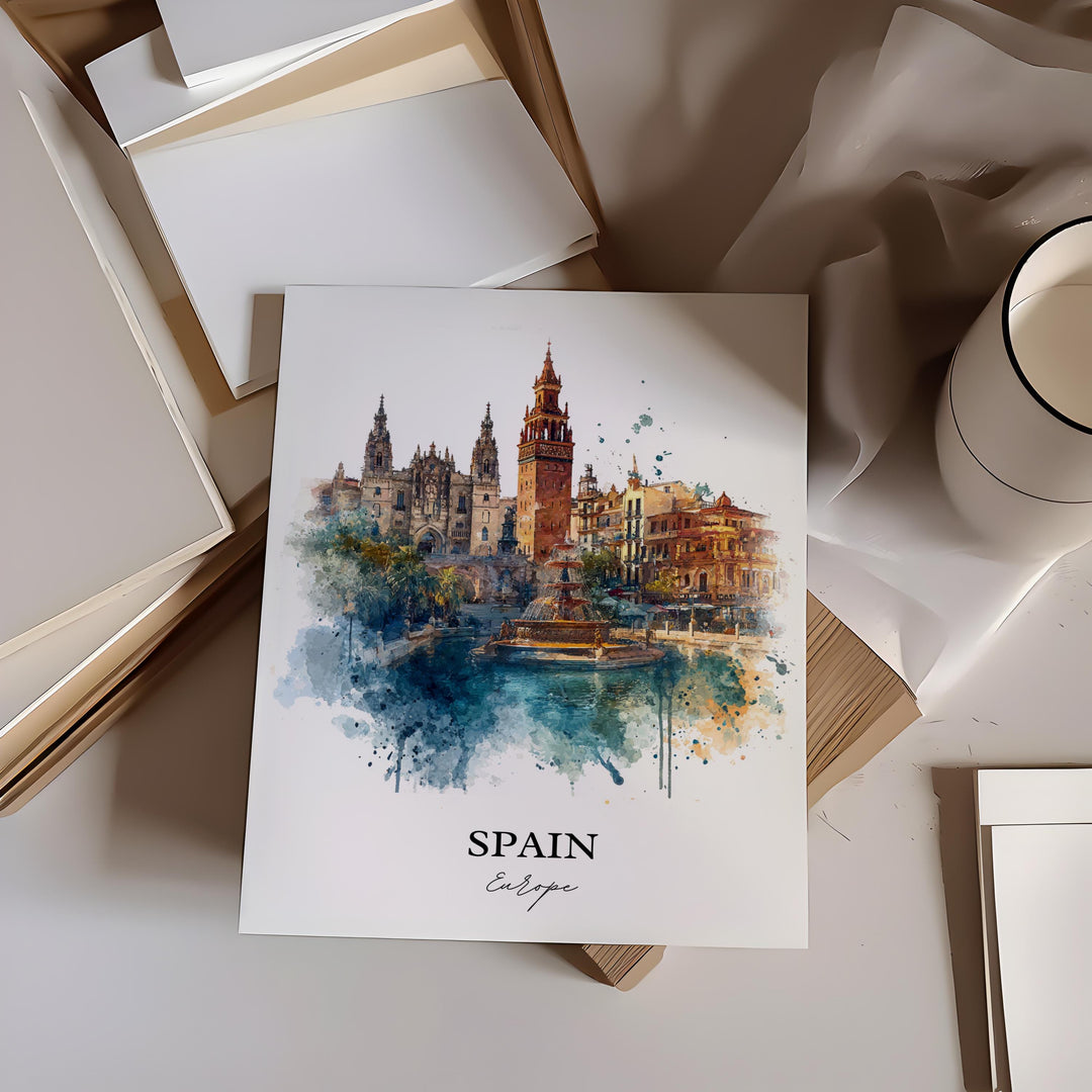 Spain Wall Art, Spain Country Print, Spain Watercolor Art, Spain Gift, Travel Print, Travel Poster, Housewarming Gift