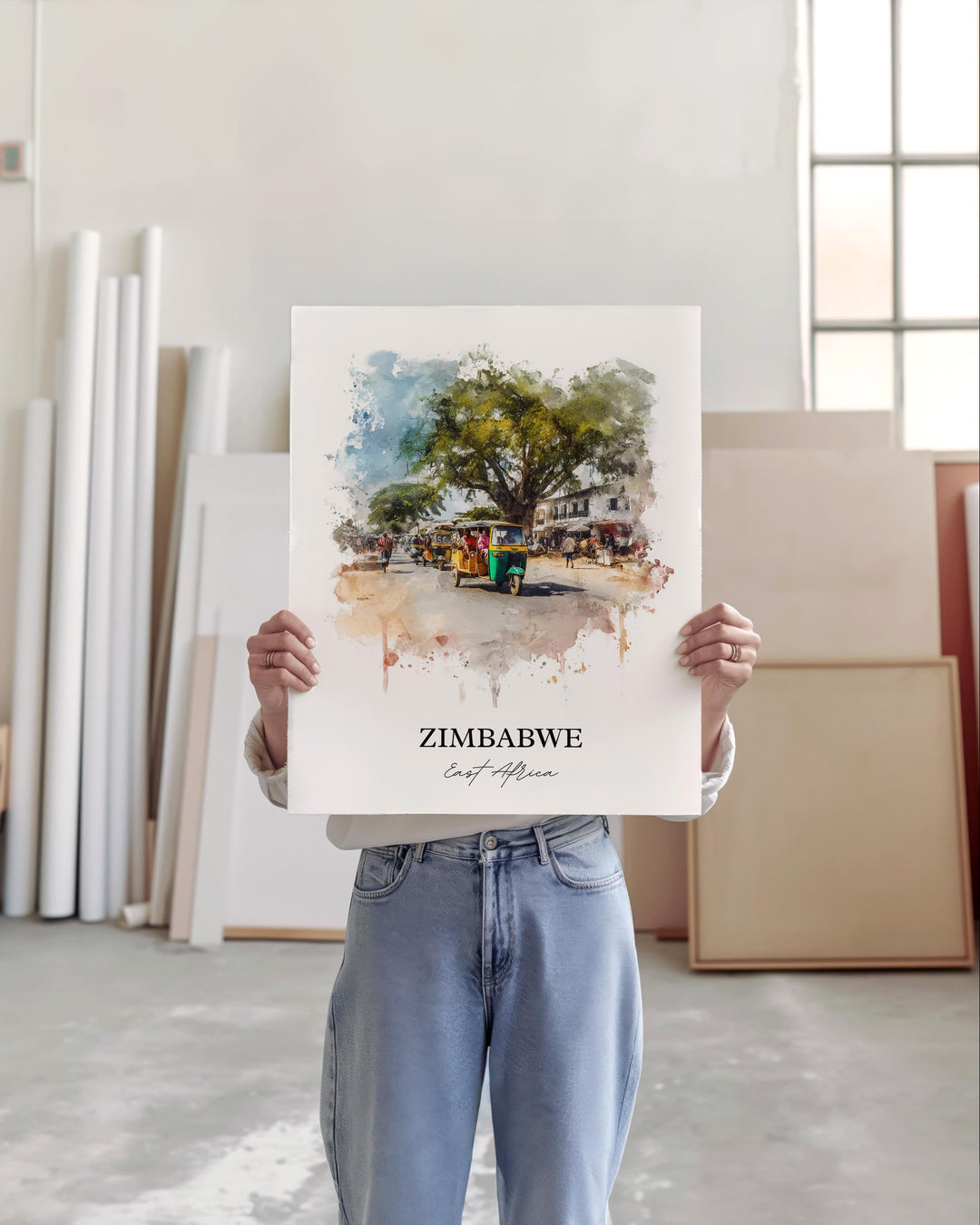Zimbabwe Wall Art, Zimbabwe Print, Zimbabwe Watercolor Art, Zimbabwe Country Gift, Travel Print, Travel Poster, Housewarming Gift