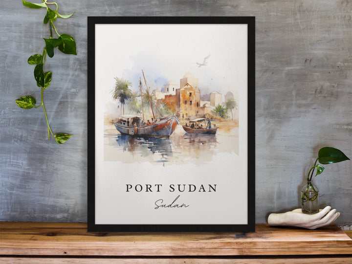 Port Sudan traditional travel art - Sudan, Port Sudan poster, Wedding gift, Birthday present, Custom Text, Personalized Gift