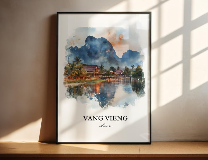 Vang Vieng Wall Art, Vientiane Print, Laos Watercolor Art, Vang Vieng Gift, Travel Print, Travel Poster, Housewarming Gift