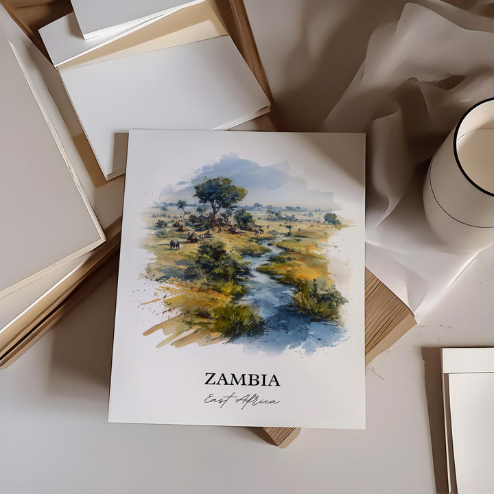 Zambia Wall Art, Zambia Print, Zambia Watercolor Art, Zambia Country Gift, Travel Print, Travel Poster, Housewarming Gift