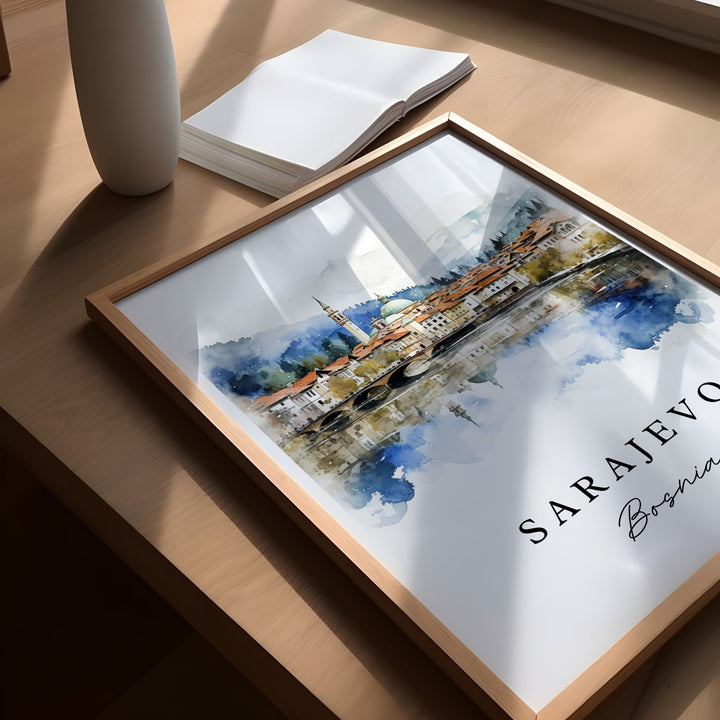 Sarajevo traditional travel art - Bosnia, Sarajevo poster print, Wedding gift, Birthday present, Custom Text, Perfect Gift