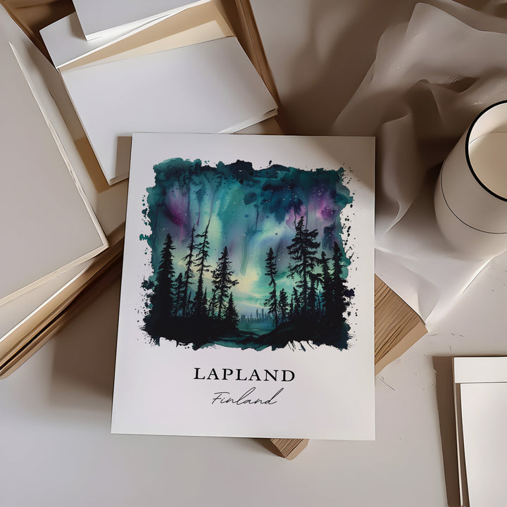 Lapland Finland Wall Art, Lapland Print, Lapland Watercolor, Northern Lights Gift,