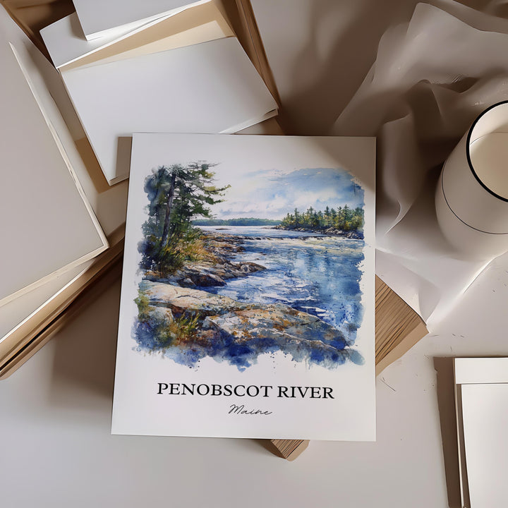 Penobscot River Wall Art, Bangor Print, Maine Watercolor Art, Penobscot River Gift, Travel Print, Travel Poster, Housewarming Gift