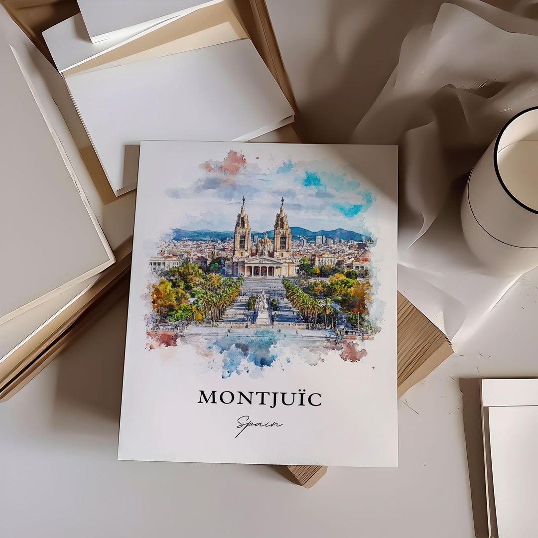 Montjuic Spain Wall Art, Barcelona Print, Catalonia Spain Watercolor Art, Montjuic Gift, Travel Print, Travel Poster, Housewarming Gift