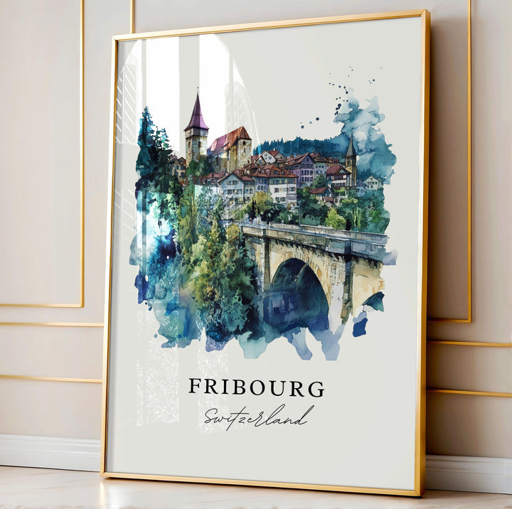 Fribourg Wall Art, Fribourg Switzerland Print, Fribourg Watercolor Art, La Sarine Gift,