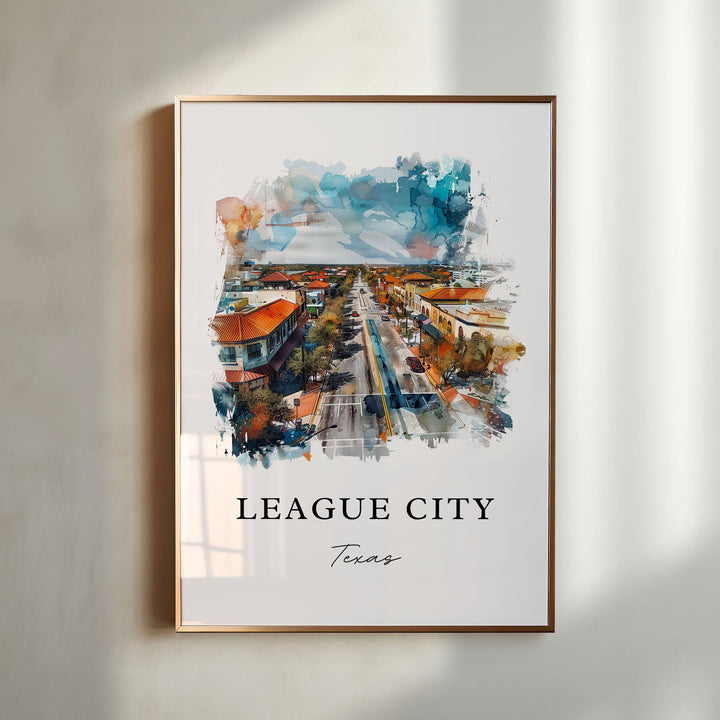 League City TX Wall Art, League City Print, Galveston Watercolor Art, Galveston County Gift,