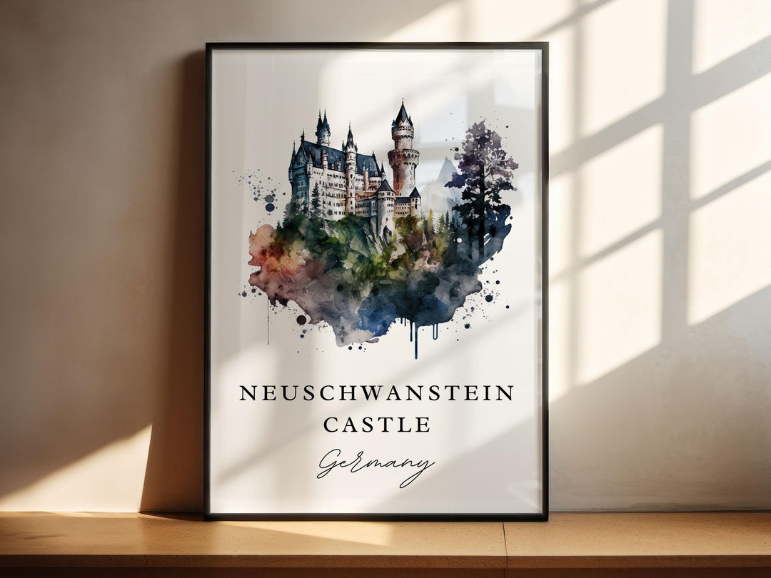 Neuschwanstein Art, Neuschwanstein Castle Print, Neuschwanstein Watercolor, Germany Gift,