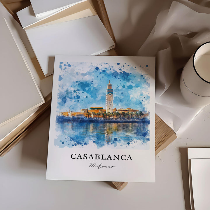 Casablanca Wall Art, Casablanca Print, Casablanca Watercolor Art, Hassan II Mosque Gift, Travel Print, Travel Poster, Housewarming Gift