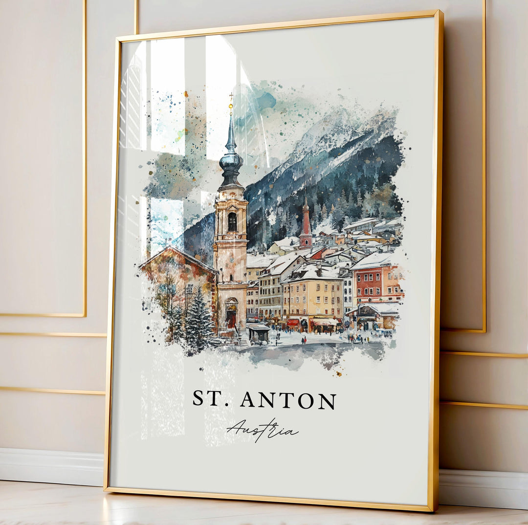 St. Anton Wall Art, St. Anton am Arlberg Print, Austria Watercolor, Austria Ski Gift, Tyrolean Alps Print, Travel Poster, Housewarming Gift