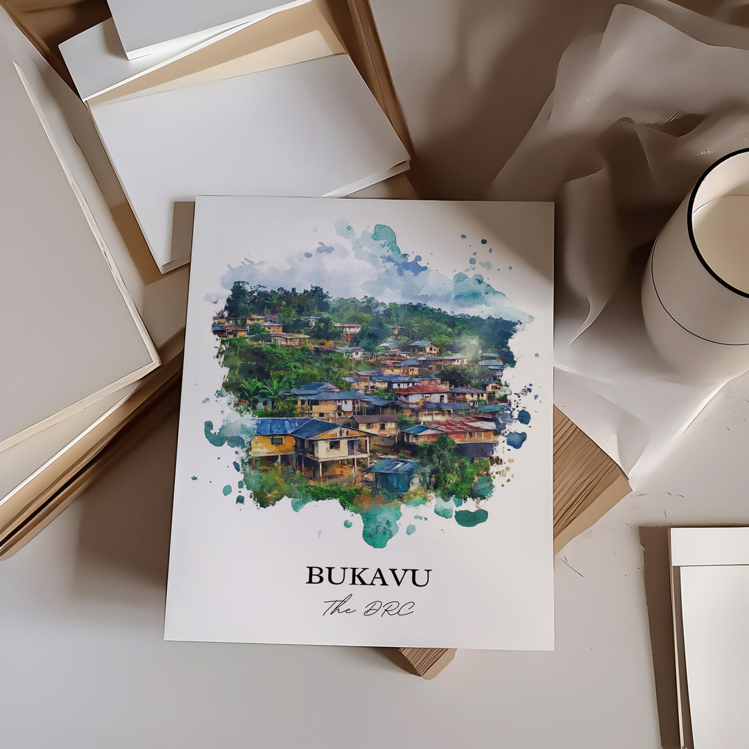 Bukavu Wall Art, Democratic Republic of Congo Print, DRC Watercolor Art, Bukavu Gift, Travel Print, Travel Poster, Housewarming Gift