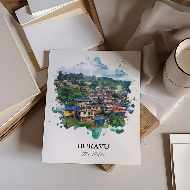 Bukavu Wall Art, Democratic Republic of Congo Print, DRC Watercolor Art, Bukavu Gift, Travel Print, Travel Poster, Housewarming Gift