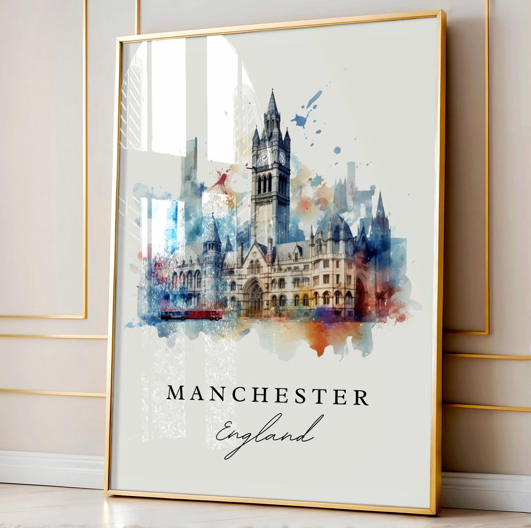 Manchester England Wall Art, Manchester UK Print, Manchester Watercolor Art, Manchester Gift,