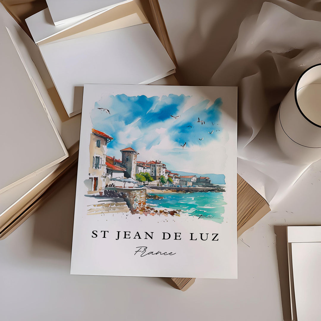 St Jean de Luz traditional travel art - France, St Jean de Luz print, Wedding gift, Birthday present, Custom Text, Perfect Gift