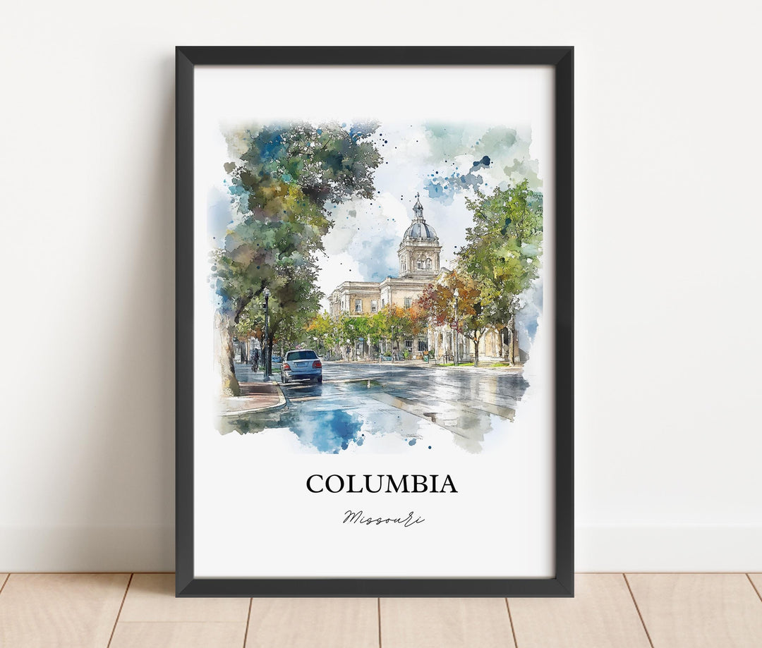 Columbia Missouri Art, Univ of Missouri City Print, Missouri Watercolor, Columbia MO Gift, Travel Print, Travel Poster, Housewarming Gift