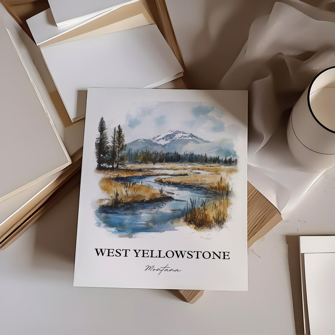 West Yellowstone Art, Yellowstone Town Print, Montana Watercolor Art, West Yellowstone Gift, Travel Print, Travel Poster, Housewarming Gift