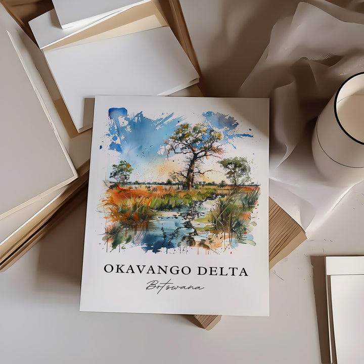 Okavango Delta Wall Art, Okavango Botswana Print, Botswana Watercolor, Botswana Gift,