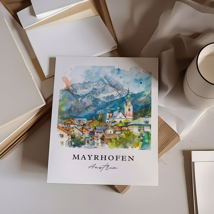 Mayrhofen Austria Wall Art, Mayrhofen Print, Austria Ski Watercolor, Zillertal Alps Gift,