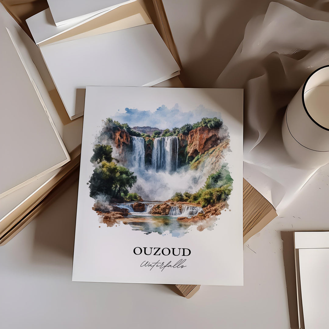 Ouzoud Waterfalls Wall Art, Azilal Print, Morocco Watercolor Art, Ouzoud Waterfalls Gift, Travel Print, Travel Poster, Housewarming Gift