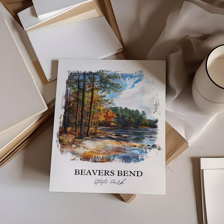 Beavers Bend Park Art, McCurtain County Print, Oklahoma Watercolor Art, Beavers Bend OK Gift, Travel Print, Travel Poster, Housewarming Gift