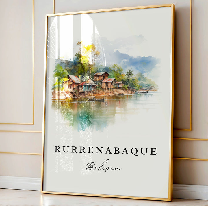 Rurrenabaque traditional travel art - Bolivia, Rurrenabaque poster print, Wedding gift, Birthday present, Custom Text, Perfect Gift