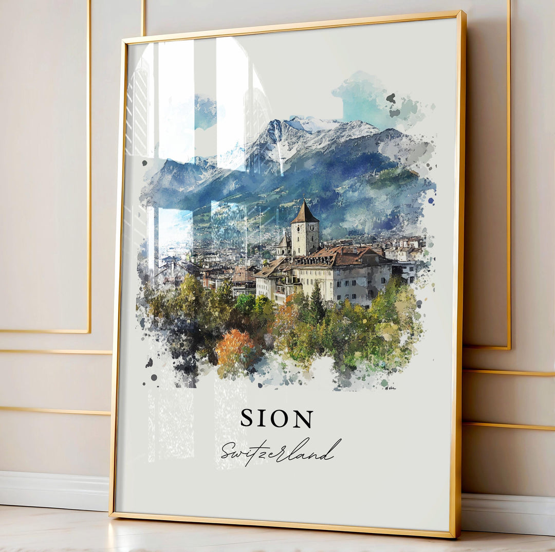 Sion Switzerland Wall Art, Sion Print, Sion Watercolor Art, Valais Switzerland Gift,