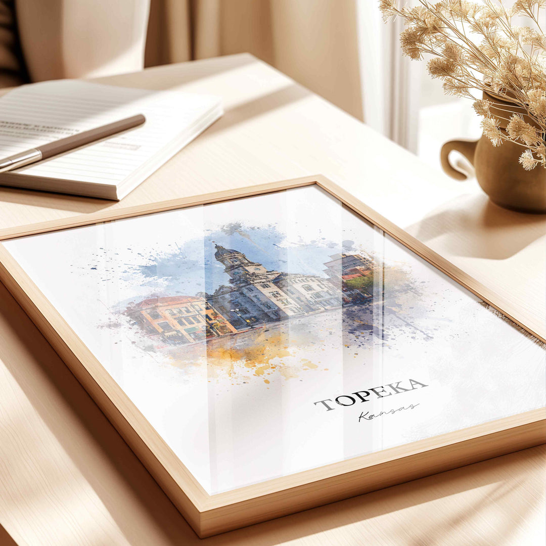 Topeka Kansas Wall Art, Topeka Print, Kansas Watercolor Art, Topeka Skyline Gift, Travel Print, Travel Poster, Housewarming Gift