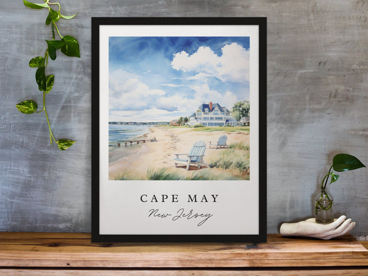 Watercolor travel art print of Cape May, New Jersey featuring Adirondack chairs on a sandy beach with dune grass, looking toward a grand Victorian beachfront mansion and the ocean, displayed in a black frame sitting on a wooden shelf.