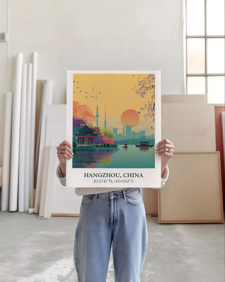 Hangzhou Art, Hangzhou Retro Travel Art, Hangzhou China Home Decor, Hangzhou Gift, China Travel Art, Travel Prints, Housewarming Gift