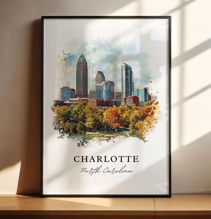 Charlotte NC Wall Art, Charlotte Print, Charlotte Watercolor Art, Charlotte Cityscae Gift,