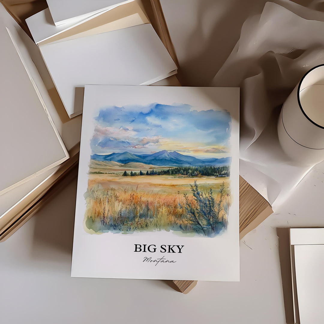Big Sky MT Wall Art, Big Sky Montana Print, Montana Watercolor Art, Big Sky MT Gift, Travel Print, Travel Poster, Housewarming Gift