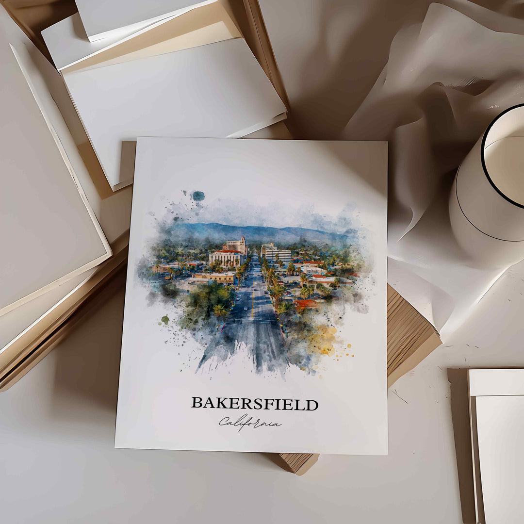 Bakersfield, California Wall Art, Bakersfield Print, Bakersfield Watercolor Art, Bakersfield Gift, Travel Print, Travel Poster, Housewarming Gift