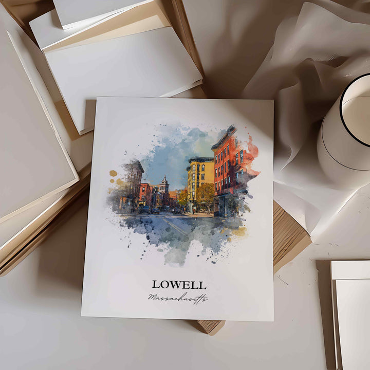 Lowell MA Wall Art, Lowell Print, Lowell Massachusetts Watercolor Art, Middlesex County Gift, Travel Print, Travel Poster, Housewarming Gift