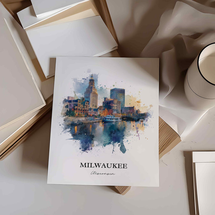 Milwaukee Wall Art, Milwaukee Print, Milwaukee WI Watercolor, Milwaukee Wisconsin Skyline, Travel Print, Travel Poster, Housewarming Gift