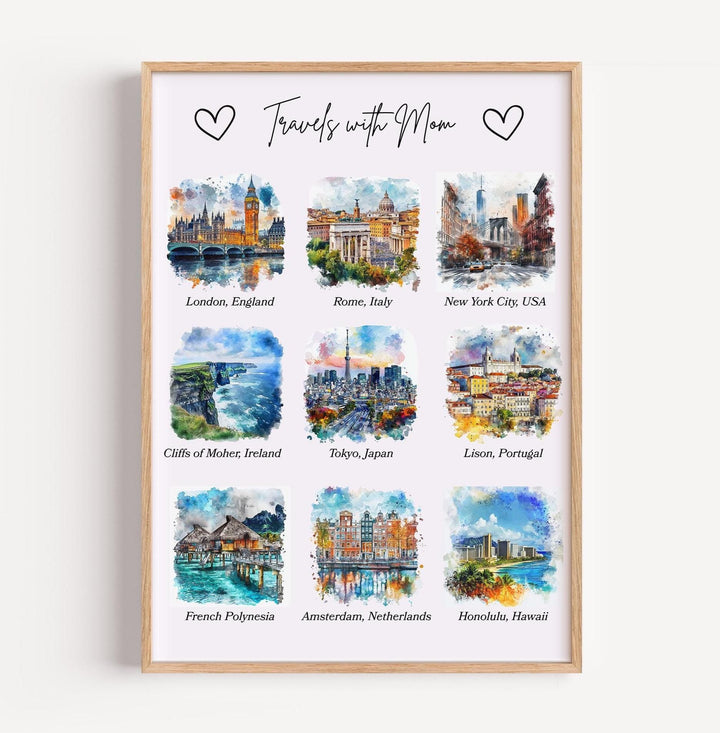 Custom Mom Gift, Travels with Mom Art, Mothers Day Print, Travel Watercolor Poster, Travels with Mom, Gift for Her, Housewarming Art