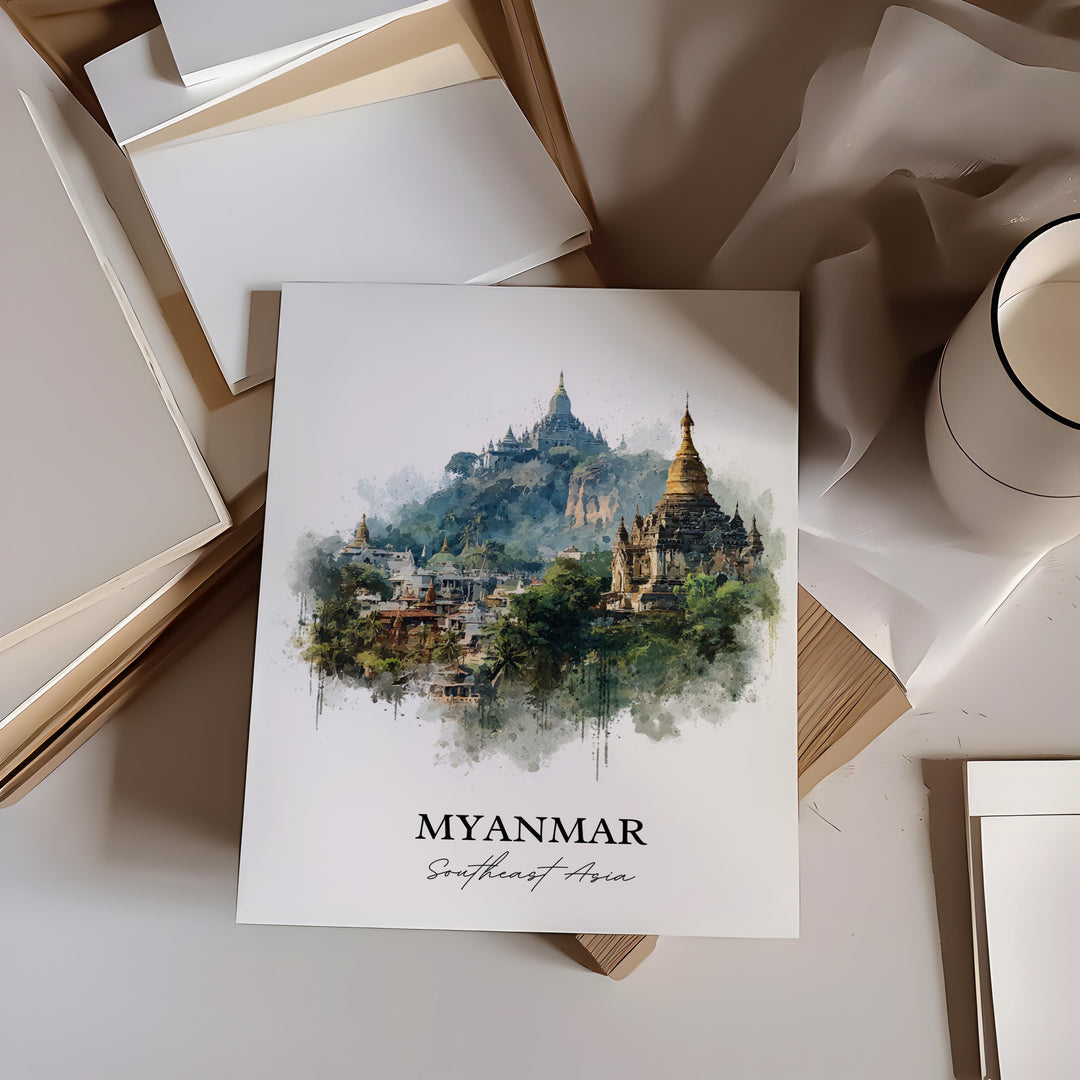 Myanmar Wall Art, Myanmar Print, Myanmar Watercolor Art, Myanmar Gift, Travel Print, Travel Poster, Housewarming Gift