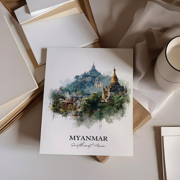 Myanmar Wall Art, Myanmar Print, Myanmar Watercolor Art, Myanmar Gift, Travel Print, Travel Poster, Housewarming Gift
