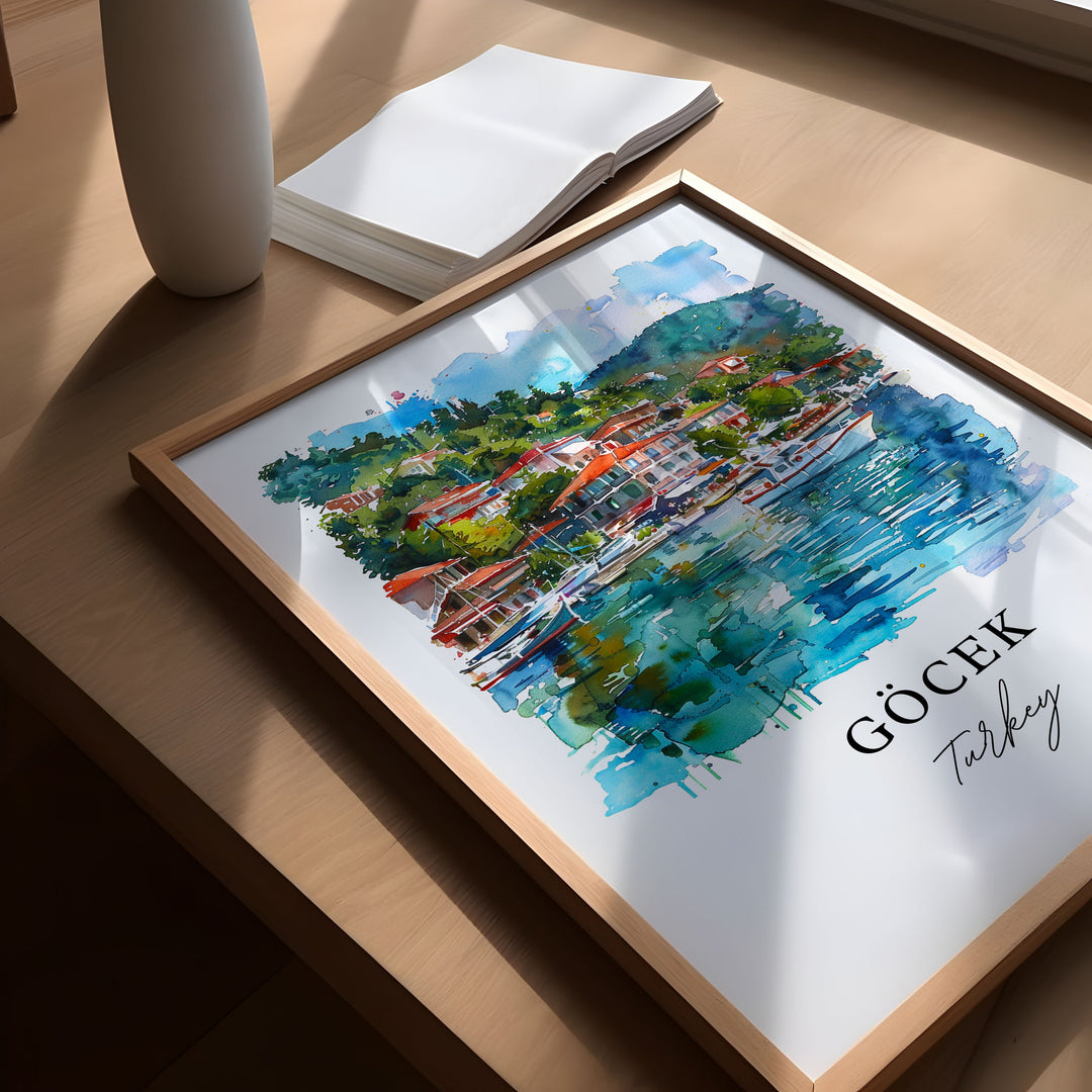 Gocek Turkey Art, Fethiye Turkey Print, Gocek Watercolor, Mugla Province Gift,