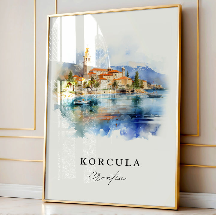 Korcula traditional travel art - Croatia, Korcula poster print, Wedding gift, Birthday present, Custom Text, Perfect Gift