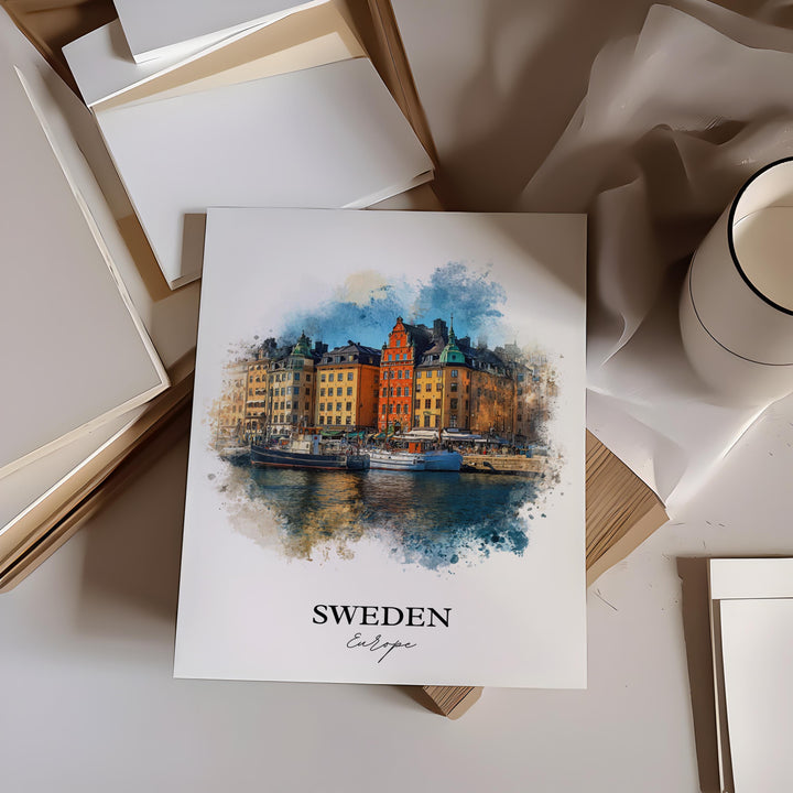 Sweden Wall Art, Sweden Print, Sweden Watercolor Art, Sweden Country Gift, Travel Print, Travel Poster, Housewarming Gift