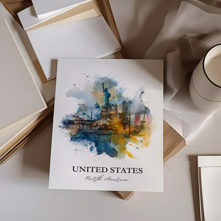 United States Art, United States Print, USA Watercolor Art, United States of America Gift, Travel Print, Travel Poster, Housewarming Gift