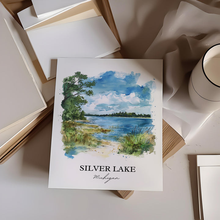 Silver Lake MI Wall Art, Lake Michigan Print, Lake Michigan Watercolor, Silver Lake MI Gift, Travel Print, Travel Poster, Housewarming Gift