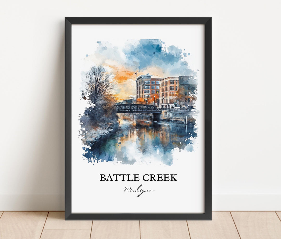 Battle Creek MI Wall Art, Calhoun County Print, Michigan Watercolor, Battle Creek MI Gift, Travel Print, Travel Poster, Housewarming Gift