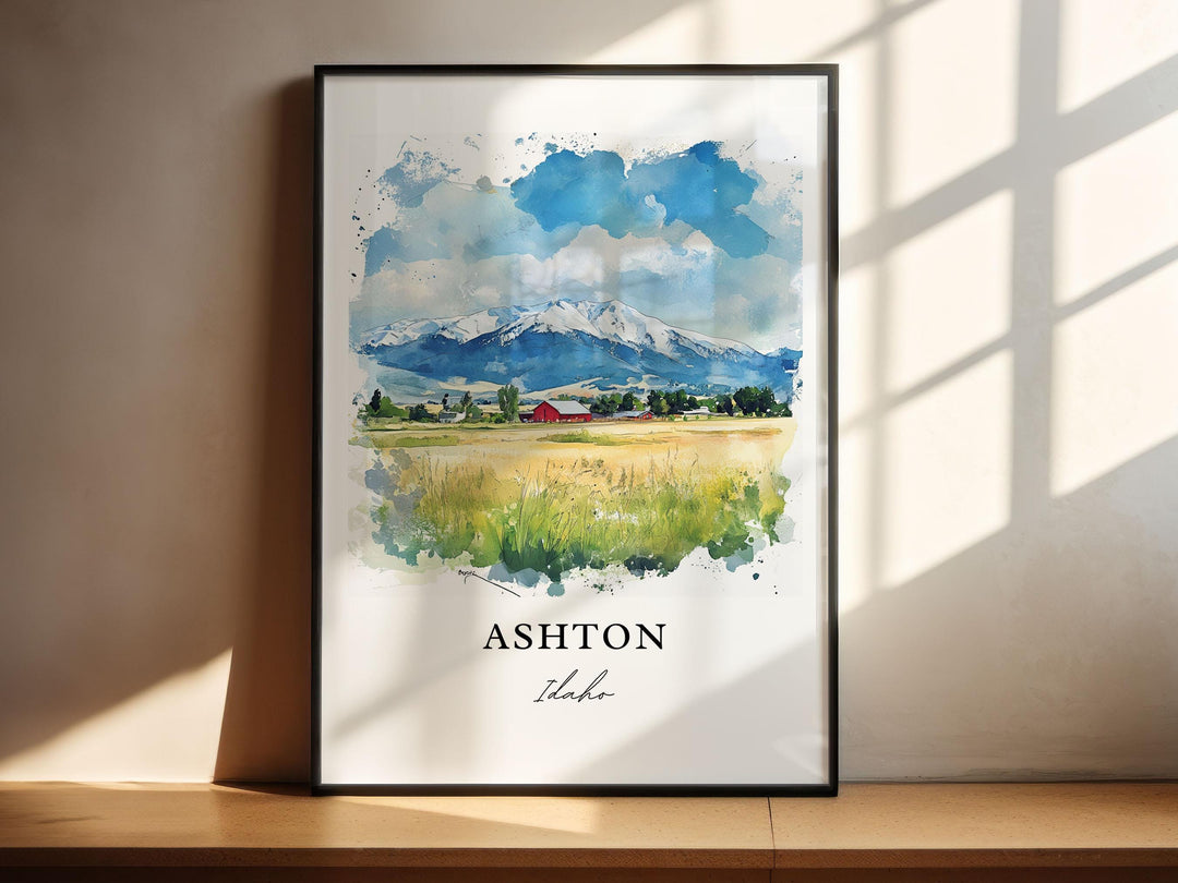 a watercolor painting of a mountain with the words ashton above it