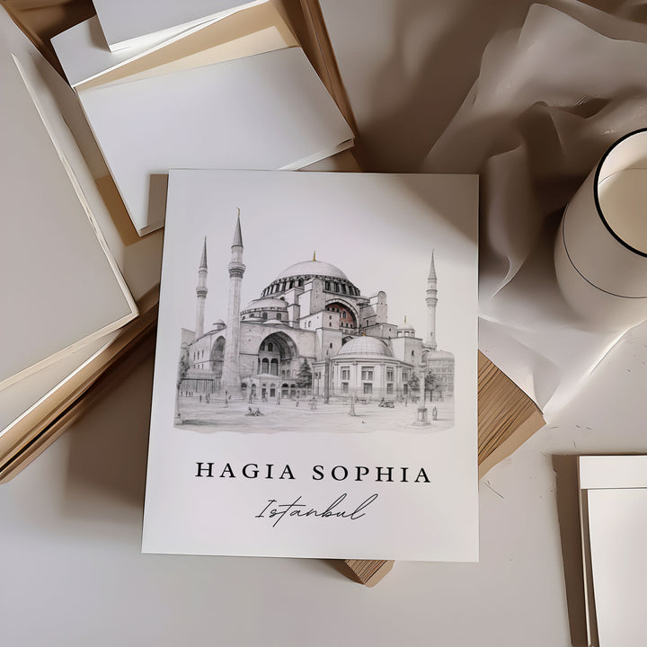 Hagia Sophia Pencil Sketch travel art - Istanbul, Hagia Sophia poster print, Wedding gift, Birthday present, Custom Text, Perfect Gift