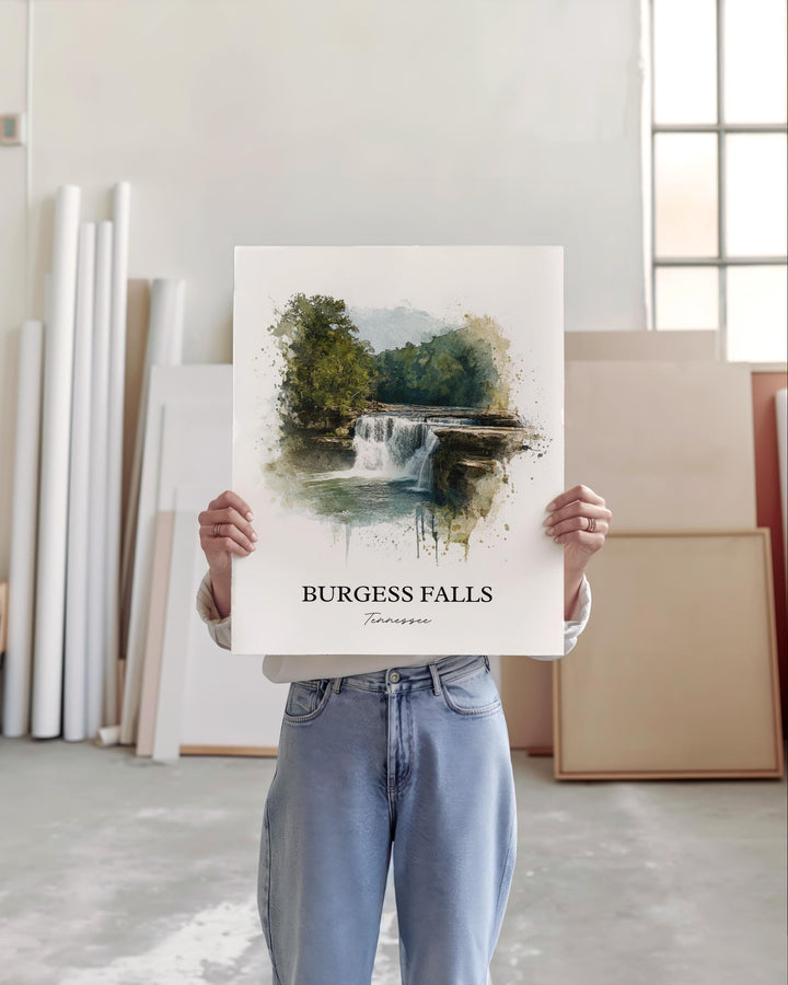 Burgess Falls Wall Art, Cookeville TN Print, Tennessee Watercolor Art, Burgess Falls TN Gift, Travel Print, Travel Poster, Housewarming Gift