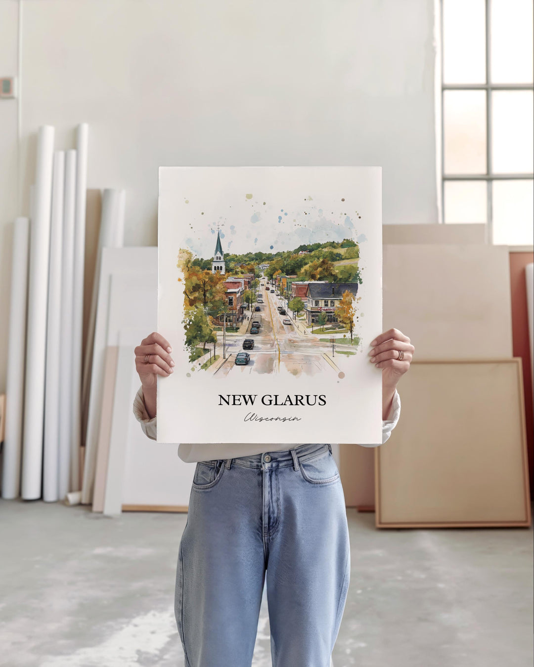 New Glarus Wall Art, New Glarus Print, Wisconsin Watercolor Art, New Glarus WI Gift, Travel Print, Travel Poster, Housewarming Gift