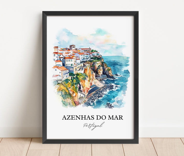 Azenhas Do Mar Wall Art, Sintra Print, Portugal Watercolor Art, Azenhas Do Mar Gift, Travel Print, Travel Poster, Housewarming Gift